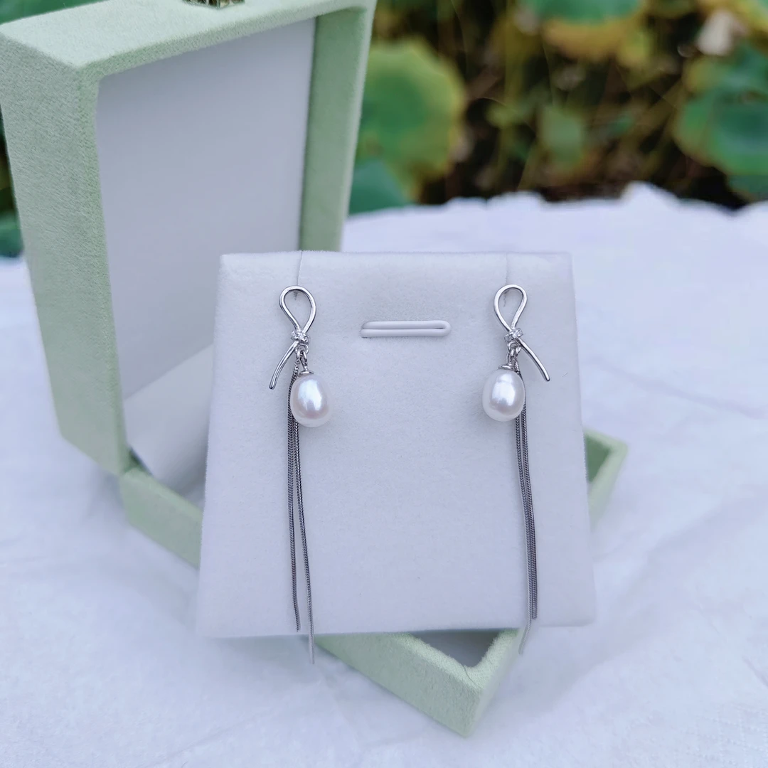 天然 淡水珍珠s925银耳钉蝴蝶结独特简约气质长款流苏耳坠