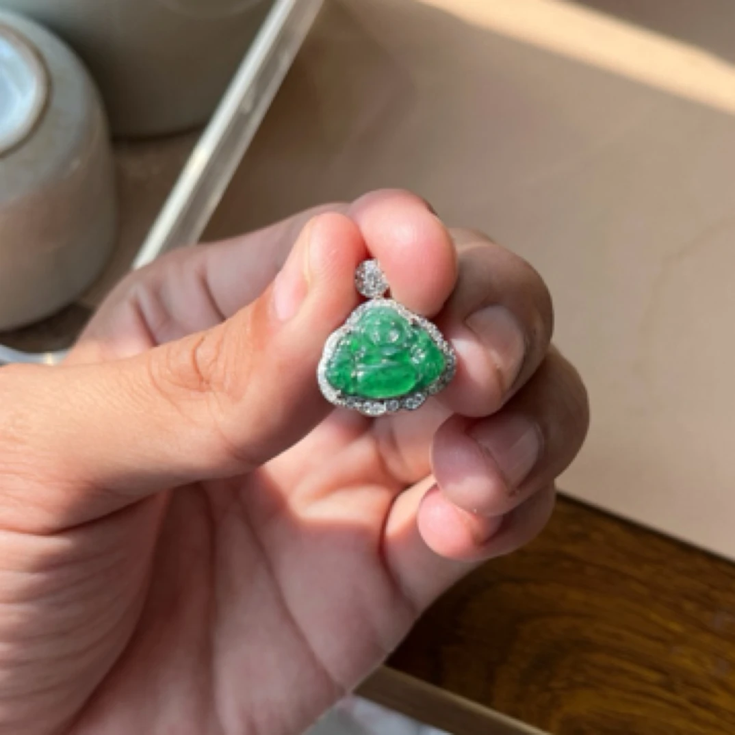 天然玉石翡翠A货佛公满绿冰透迷你小佛公吊坠（多样性发 配皮绳）