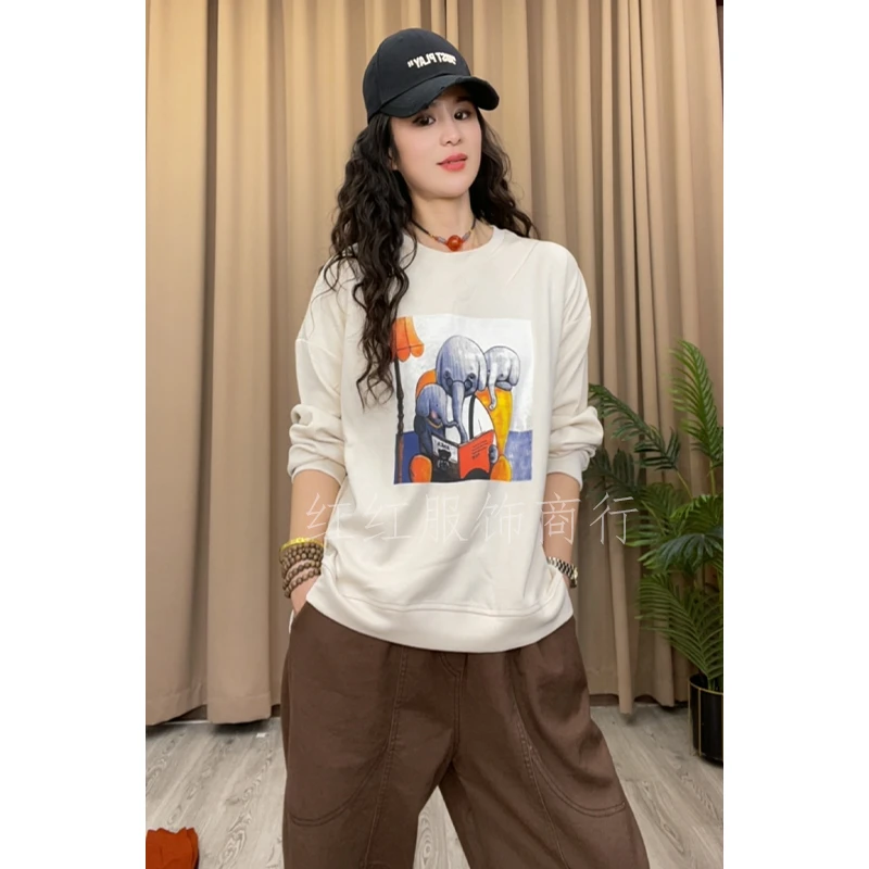 新款长袖T恤圆领休闲气质宽松遮肉印花潮流女士上衣【T恤294】