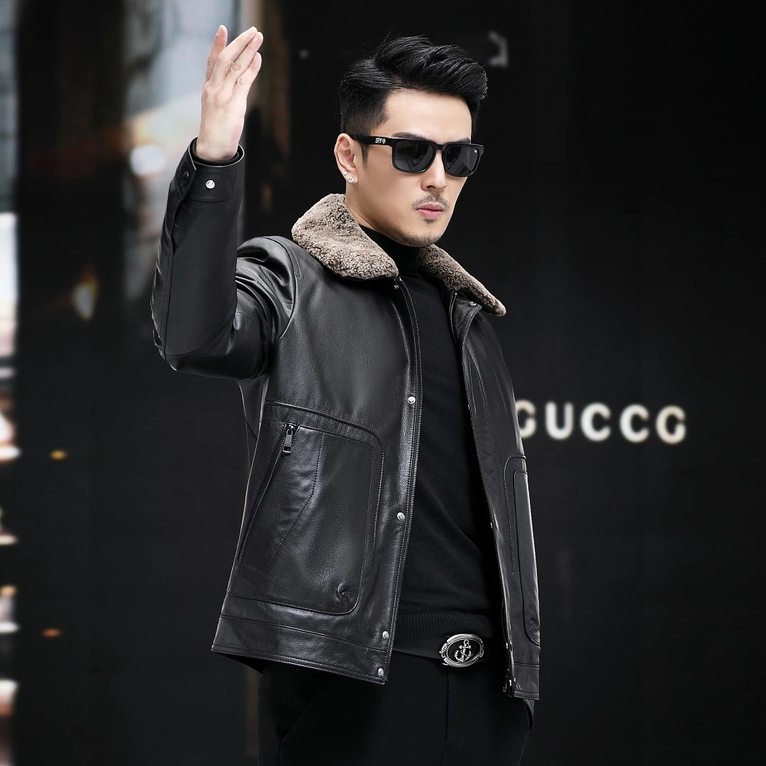 男士真皮皮衣8183款头层小牛皮可脱卸内胆羊毛领秋冬休闲保暖外套