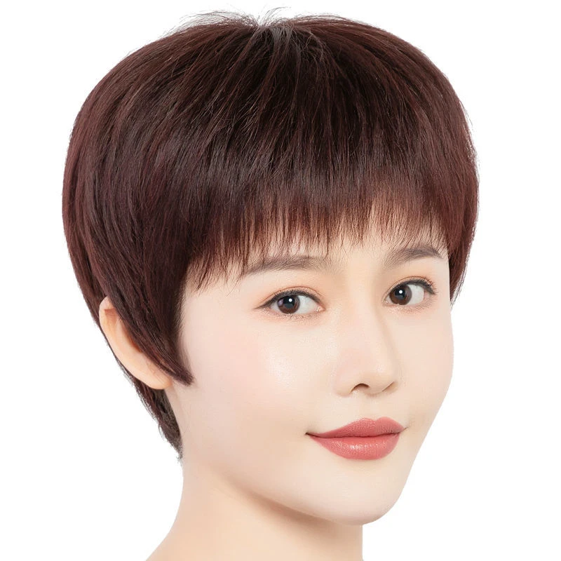 夏天轻薄假发女短直发中老年妈妈全头套自然真发混丝女士假发