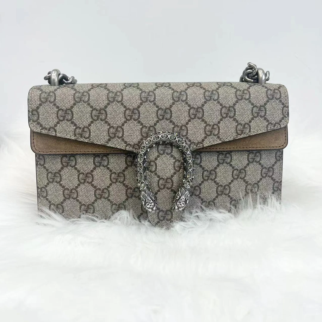 99新 GUCCI/古驰 经典老花酒神中号钻扣链条斜挎包/棕色/翻盖