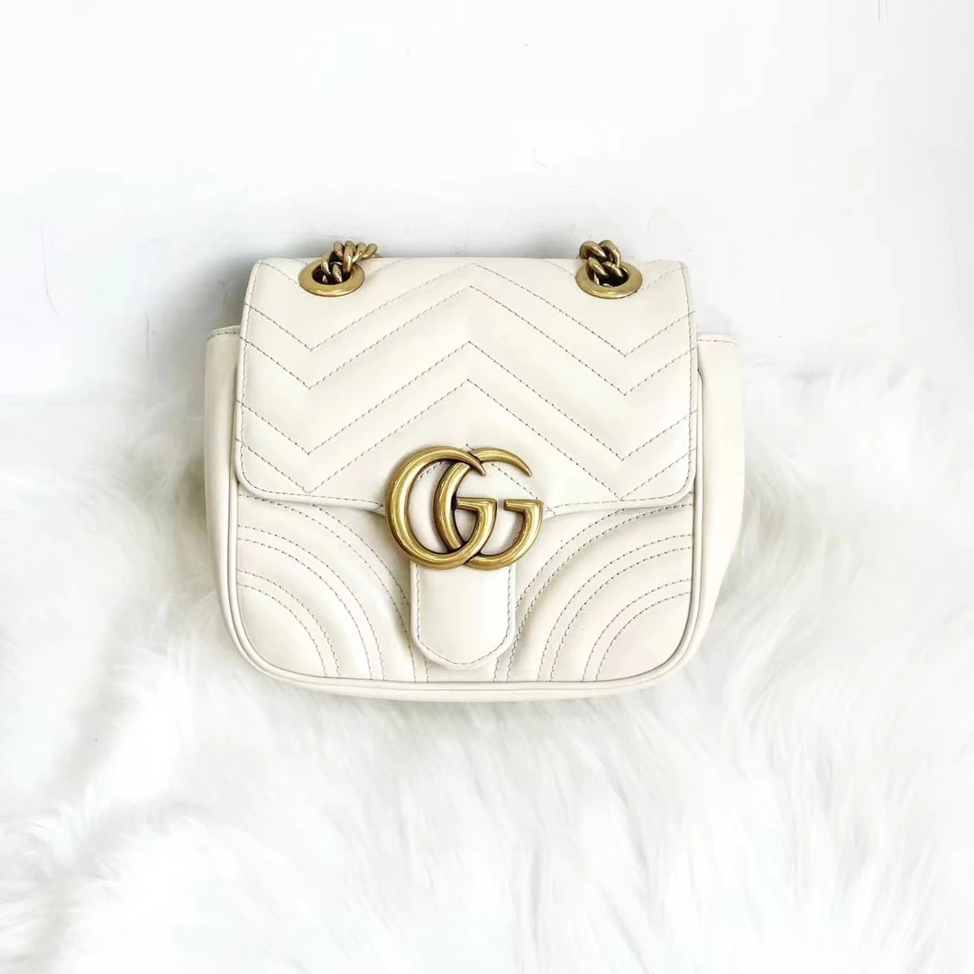 99新 GUCCI/古驰 经典白金马蒙方胖子牛皮链条斜挎包/翻盖