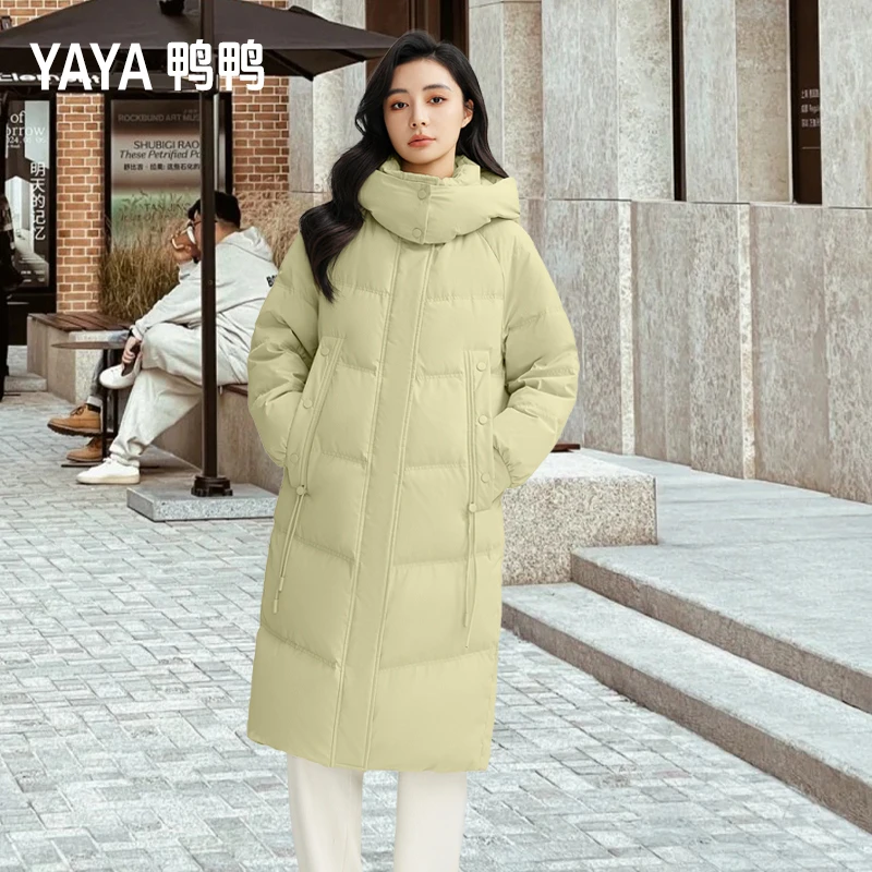 YAYA/鸭鸭羽绒服长款女士连帽时尚宽松休闲冬季过膝加厚加长保暖
