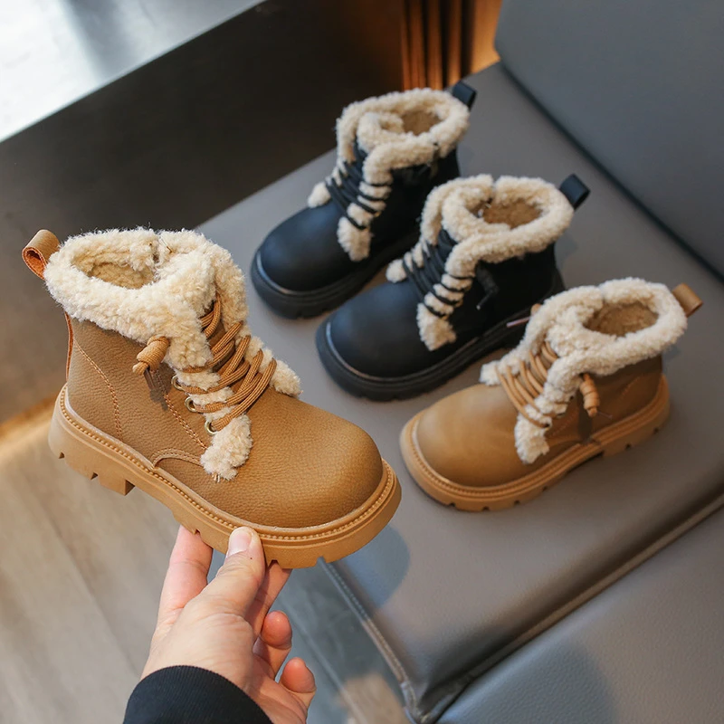 23冬季新款儿童靴子中大童皮靴女童加绒马丁靴男童保暖小黄靴1122