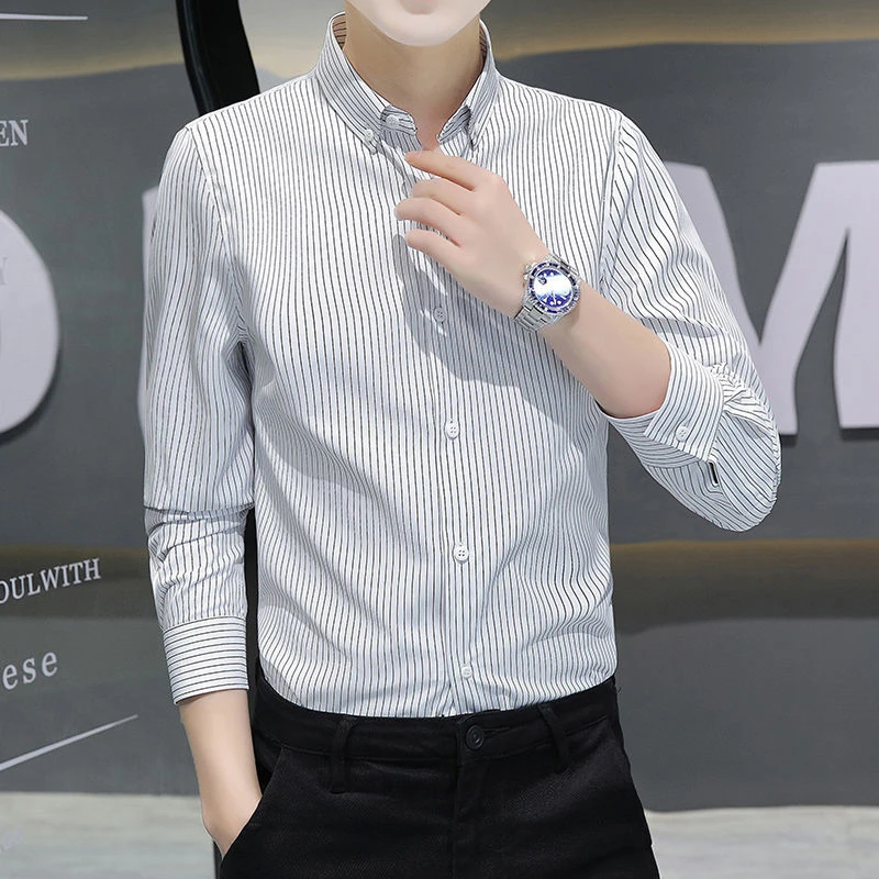 春秋季商务休闲时尚竖纹衬衫男长袖高级男士衬衫韩版修身潮流衬衣
