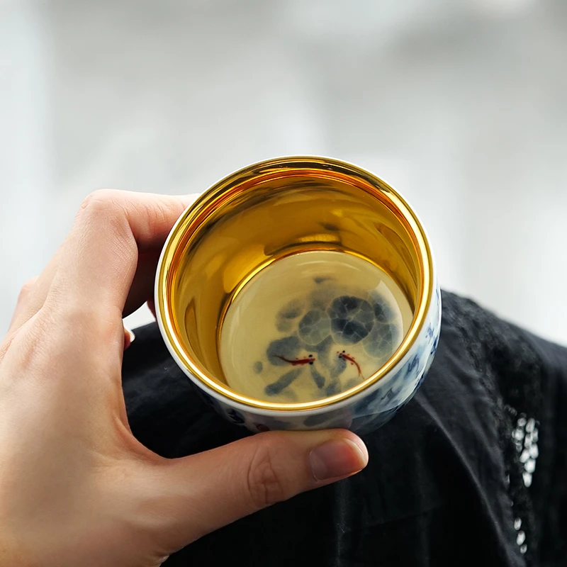 鎏金茶杯主人杯家用单杯个人专用茶盏品茗杯青花陶瓷茶具高端送礼