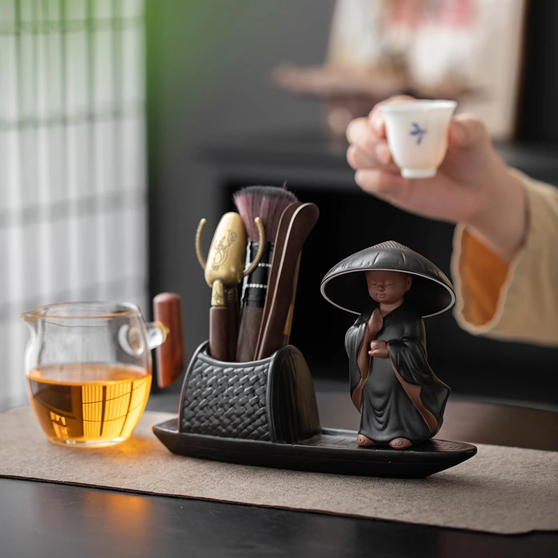 创意茶道六君子套装禅意小和尚茶滤茶宠摆件实木茶夹茶勺茶具零配