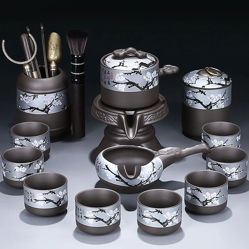 紫砂懒人茶具套装家用办公茶壶茶杯高档石磨旋转出汤泡茶功夫器