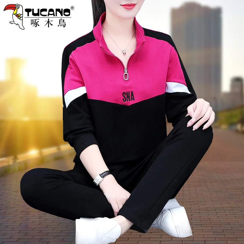 【官方品牌】啄木鳥运动套装女春季2025年新款宽松休闲时尚两件套潮