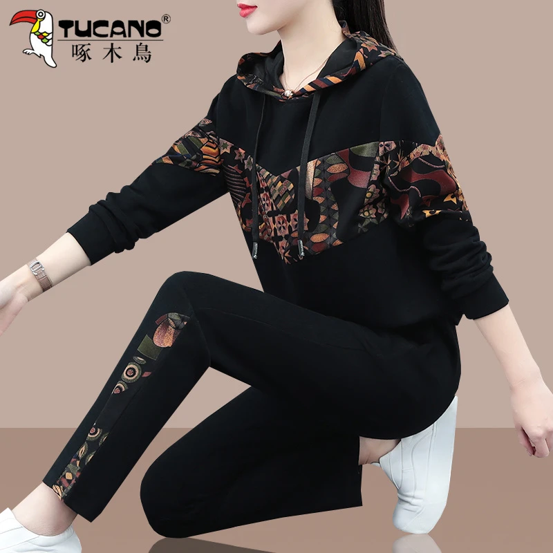 【官方品牌】啄木鳥运动套装女春秋2025新款时尚中年妈妈宽松两件套