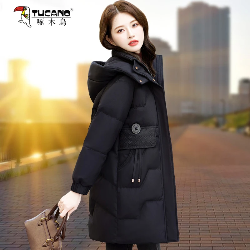 【官方品牌】啄木鳥粉色羽绒服女款中长款2025新款冬季90白鸭绒外套