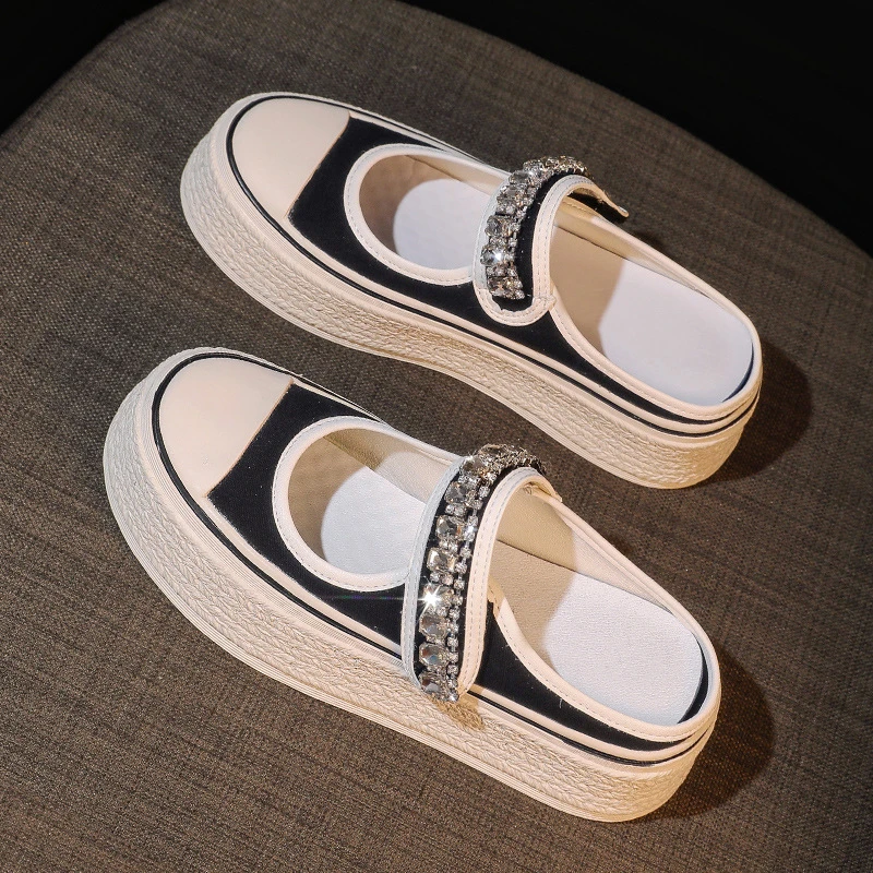 包头半拖帆布鞋外穿厚底休闲韩版水钻魔术贴网红爆款时尚透气拖鞋