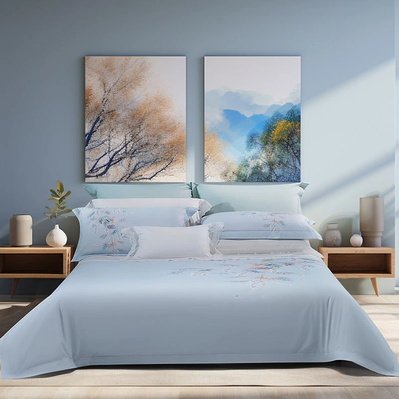 水星家纺 春夏新款简约花卉婴儿蓝圆角式床单纯棉四件套