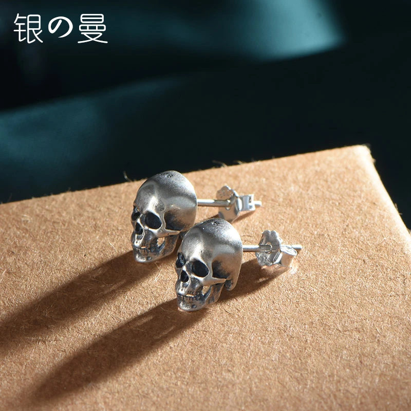 925银耳饰 复古骷髅头耳钉个性欧美男女情侣小众街头暗黑男士耳环