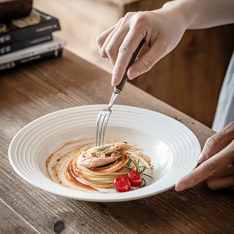 高级感纯色螺纹陶瓷草帽碗家用百搭菜碗意面碗沙拉碗甜品碗汤碗