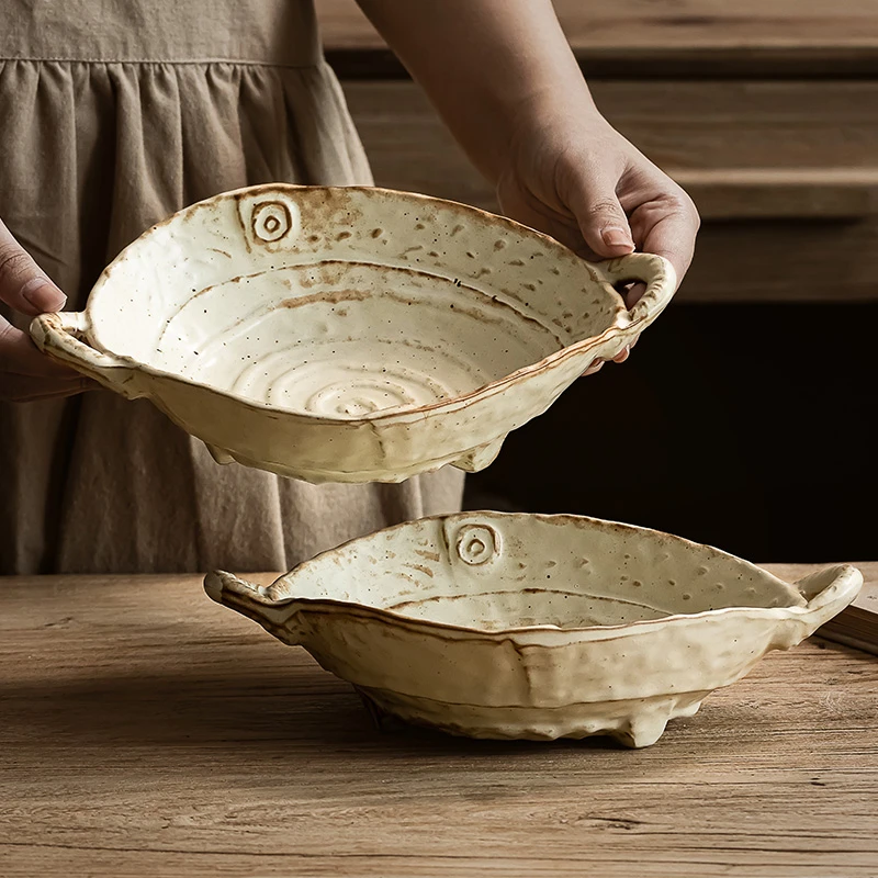【艺术感满满】手作粗陶双耳盘复古做旧沙拉盘民宿餐厅餐具