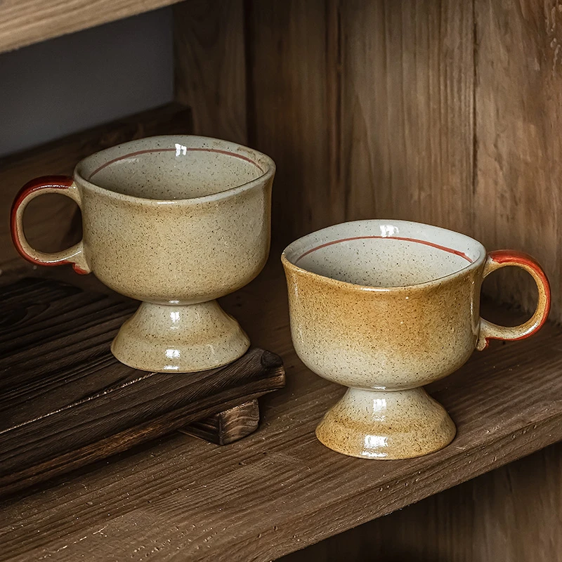 中古风特色高脚杯陶瓷手捏感甜品杯窑变釉牛奶杯茶杯水杯  微瑕疵