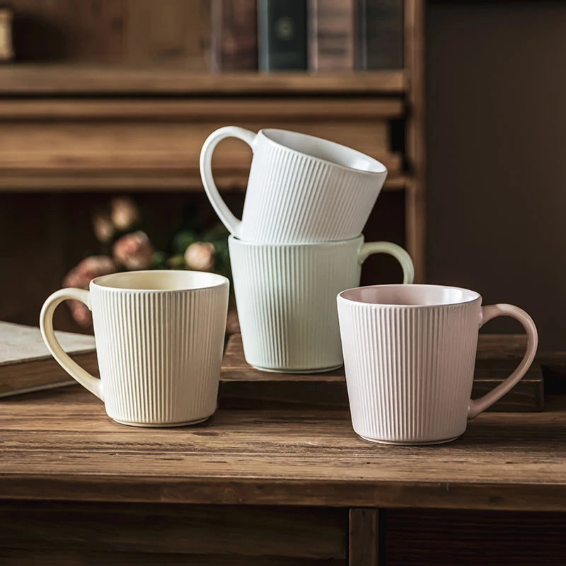 复古哑光竖纹马克杯陶瓷杯家用喝水杯情侣杯咖啡杯待客茶杯早餐杯