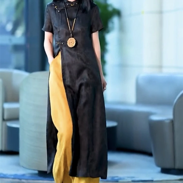 国风中长款上衣阔腿裤提花两件套女夏季新款复古宽松改良旗袍套装