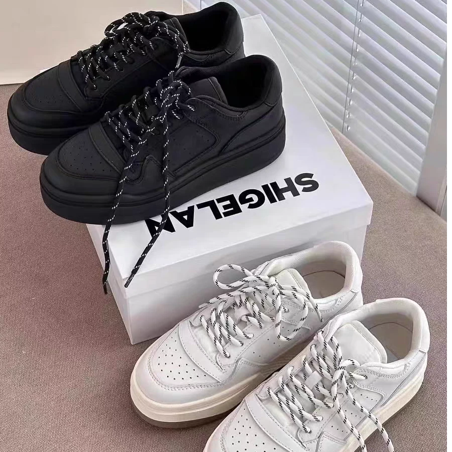 诗歌兰真皮女鞋2024新款学院风系带时尚厚底松糕鞋运动休闲板鞋