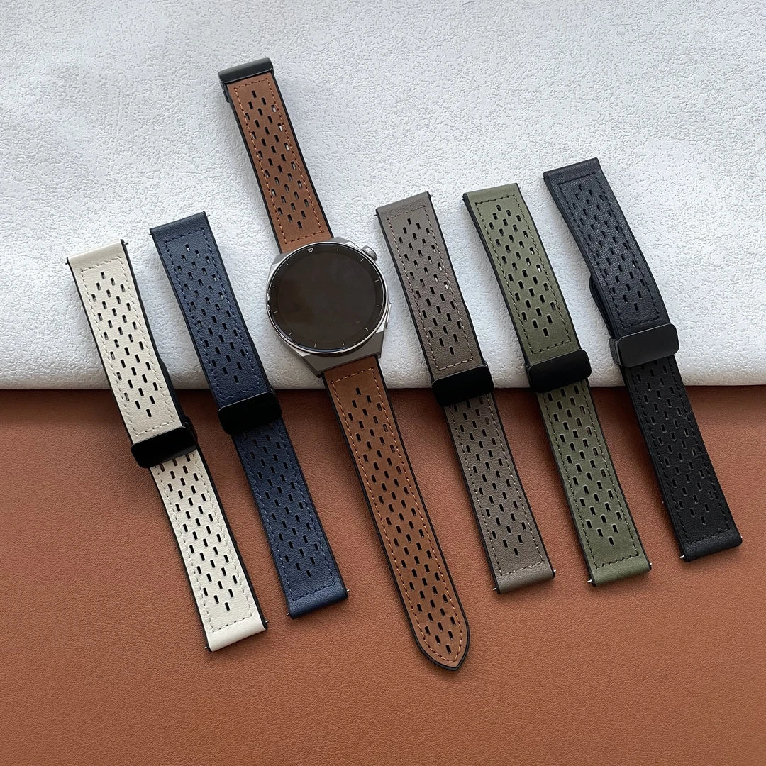 【网孔疯马皮表带】适用华为GT5硅胶贴皮表带watch4pro洞洞镂空透气