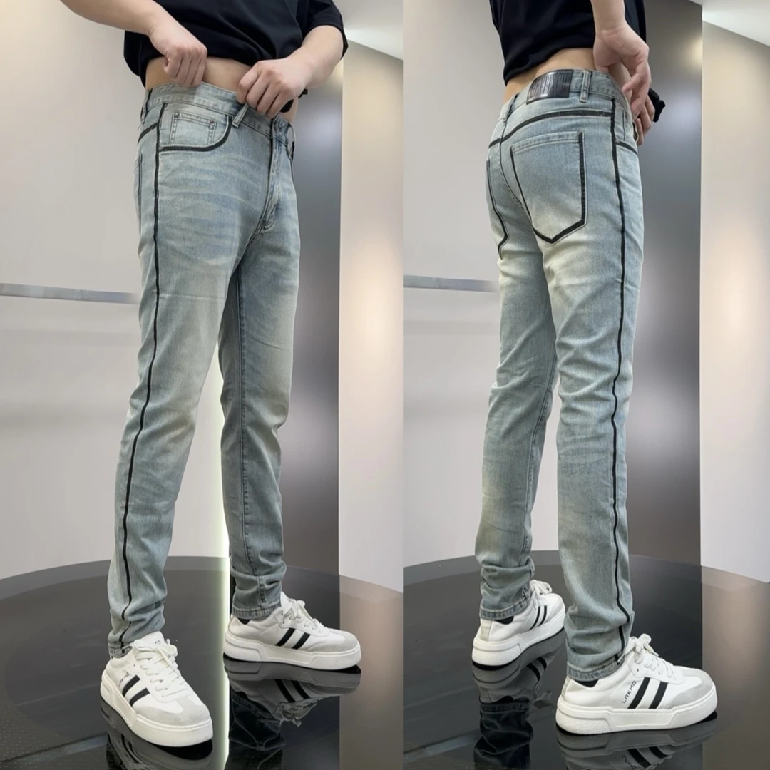 花火鸟夏季新款黑边扎染轮廓分明特色男士奶油蓝修身牛仔裤 8939