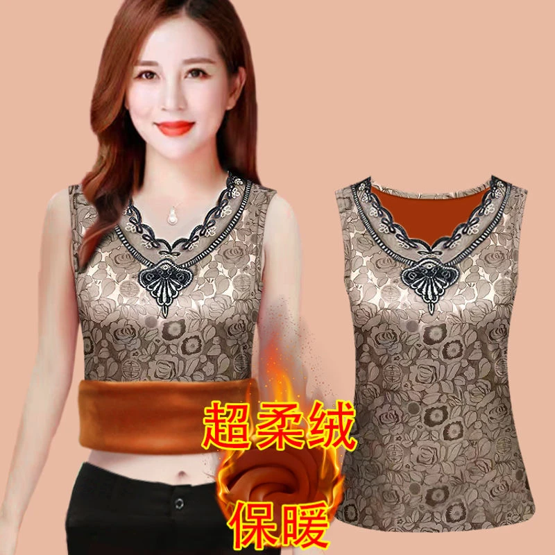 中老年妈妈无袖背心女秋冬款马甲内搭T恤打底衫大码加绒保暖上衣