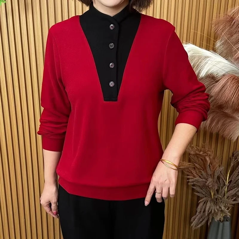 2024秋冬季新品时尚中老年半高领撞色长袖百搭女士上衣保暖打底衫