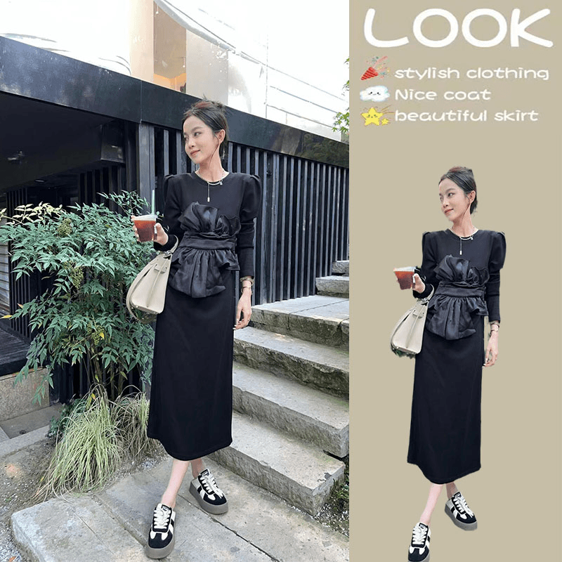 赫本高端气质黑色长袖连衣裙女2023秋季新款高级感法式裙子长裙秋