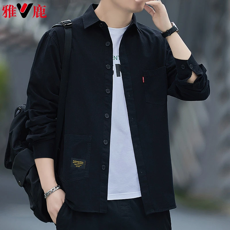 V/雅鹿春秋纯棉免烫宽松版衬衫男士长袖休闲纯色工装外套日系男装