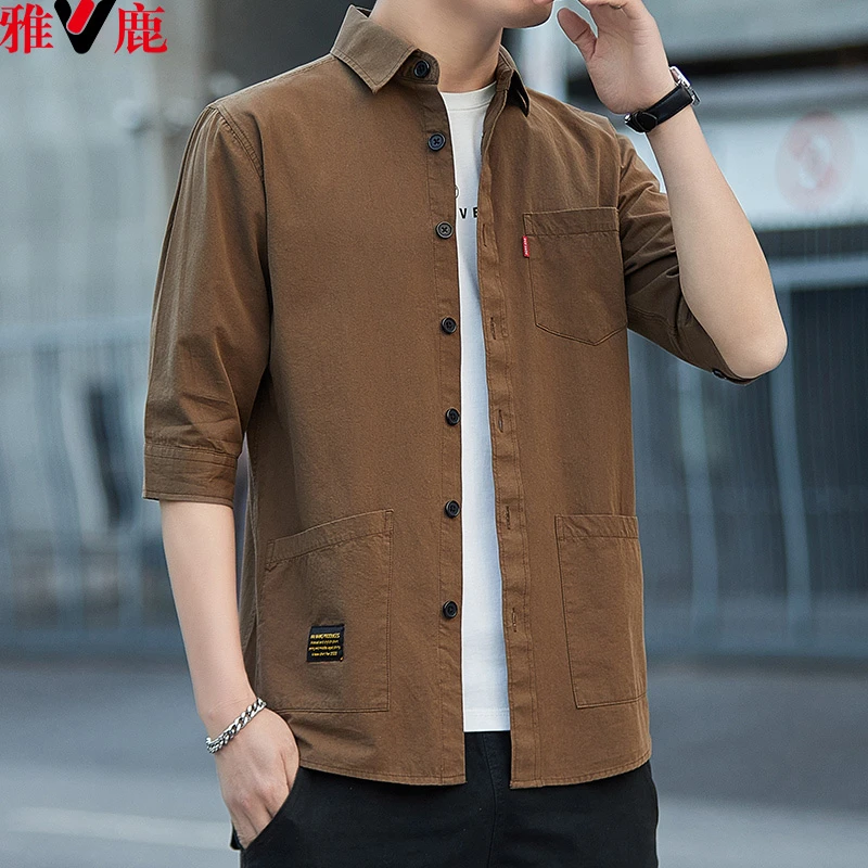 V/雅鹿纯棉夏季薄款七分袖男士工装衬衫免烫抗皱休闲青年纯色外套