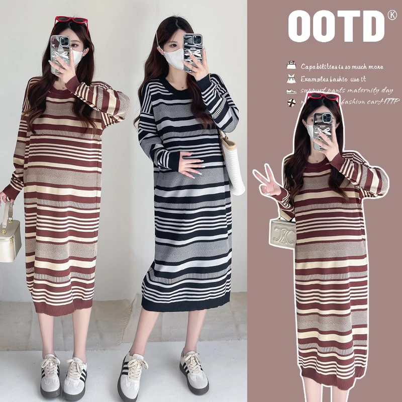 新款长袖春秋装百搭条纹韩版宽松圆领气质减龄孕妇连衣裙