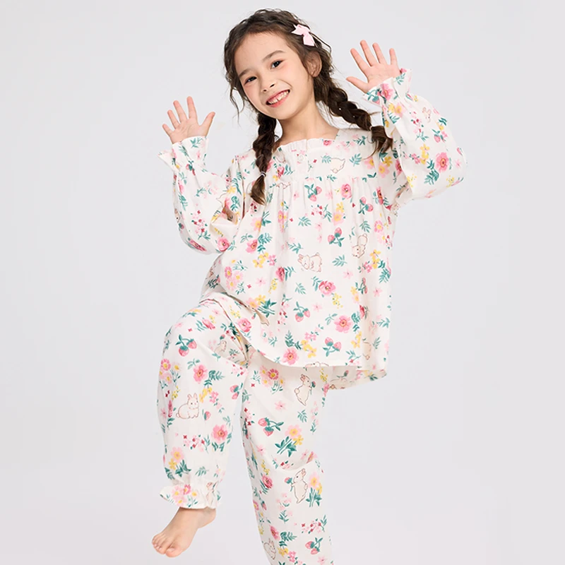 dreamy diary儿童 新品睡衣女童纱布家居服套装长袖纯棉夏薄款 Q