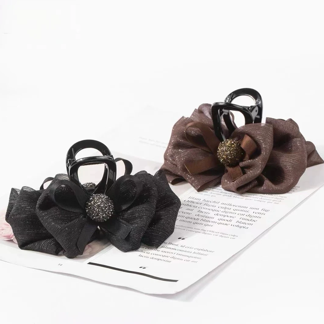 新款韩版简约气质百搭焦糖黑色咖色丝绸蝴蝶结抓夹满钻珠珠鲨鱼夹