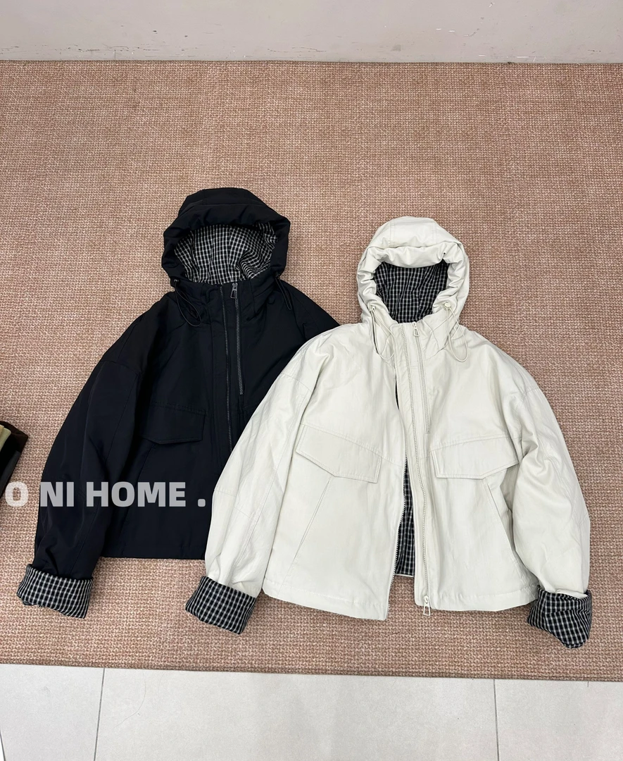 【欧尼家】韩系拼格子90白鸭绒羽绒冲锋衣