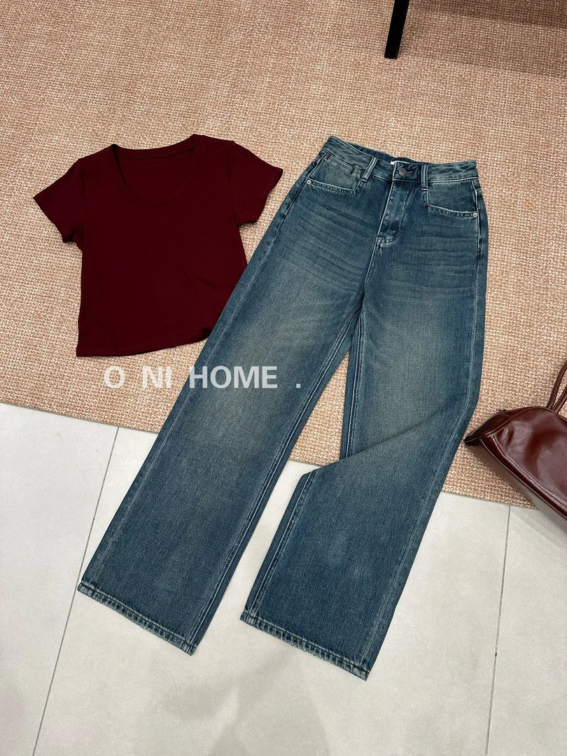 【欧尼家】早秋窄版软牛仔阔腿裤