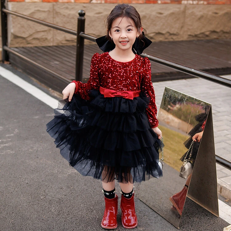 女童秋冬黑色礼服公主儿童新款拖尾蓬蓬纱裙宝宝生日钢琴演出服