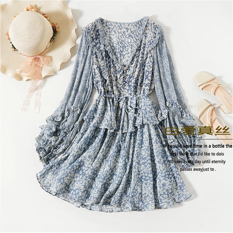 时尚碎花真丝连衣裙女长袖夏法式木耳边收腰印花桑蚕丝小个子裙子