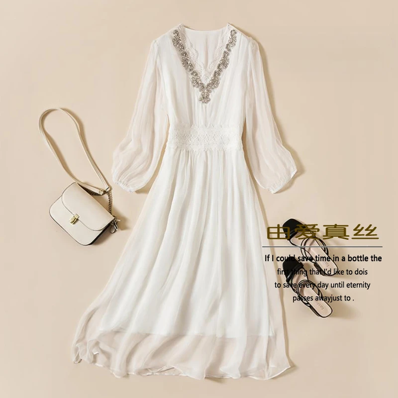 桑蚕丝白色连衣裙女夏季2025年新款法式时尚气质仙气收腰真丝长裙