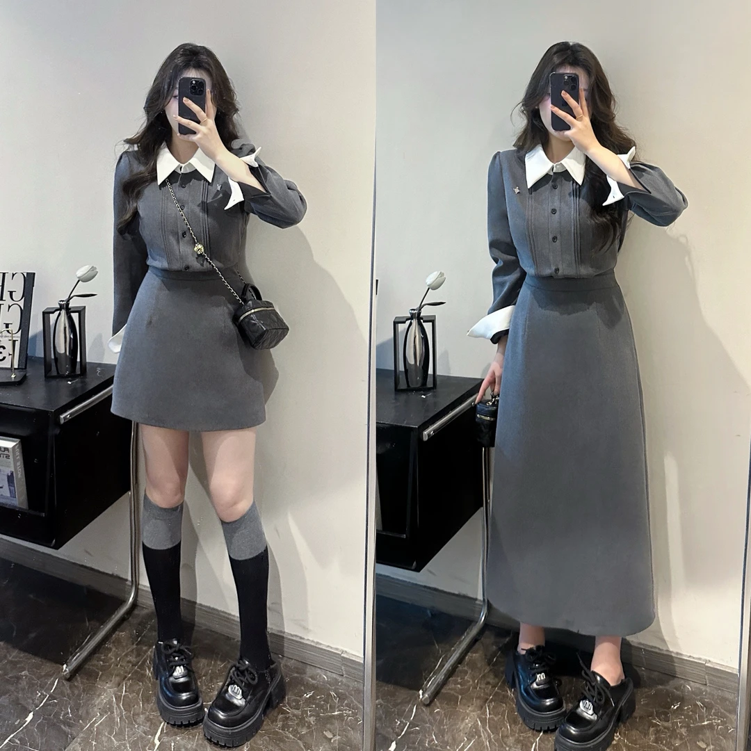 【MuMu】韩系灰色千金感撞色翻领长袖衬衫连衣裙WP9218