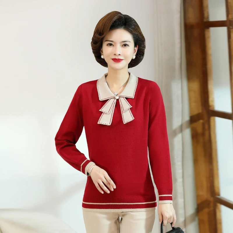 春秋妈妈秋装洋气翻领针织衫套头上衣新款中老年女装时尚打底小衫