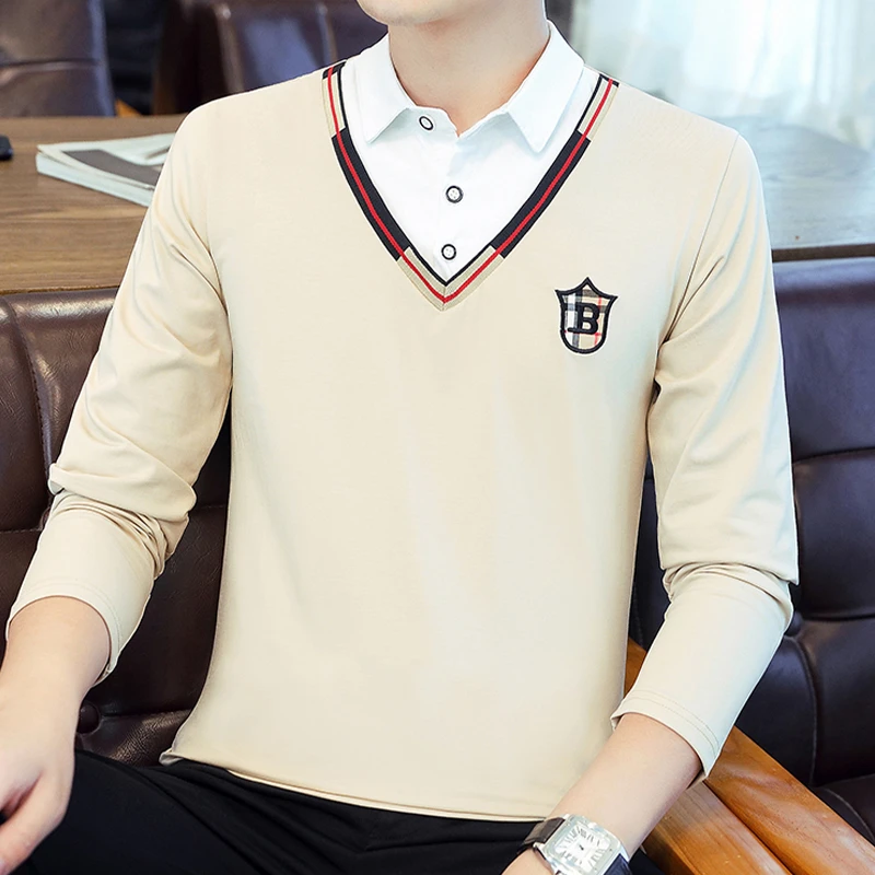 假两件polo衫男士春秋款衬衫领长袖T恤韩版潮流修身V领刺绣上衣服