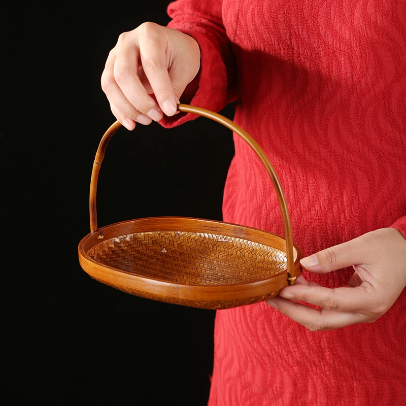 中式手工可水洗竹编仿古手提篮圆形干果盘水果盘茶点盘收纳盒茶具