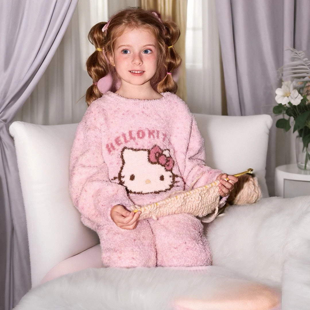 秋冬新款女童家居服套装加厚半边绒保暖Kitty猫爆款亲子柔软睡衣