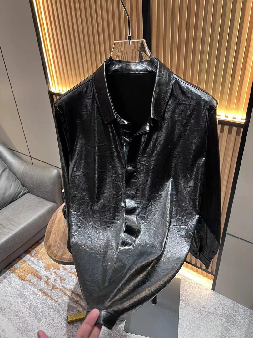 设计师款金属黑亮色长袖衬衫D535