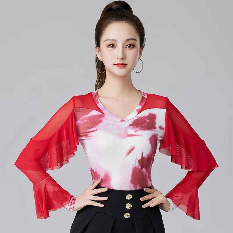 拉丁舞上衣女2025春季新款时尚印花修身成人跳摩登广场舞蹈服装