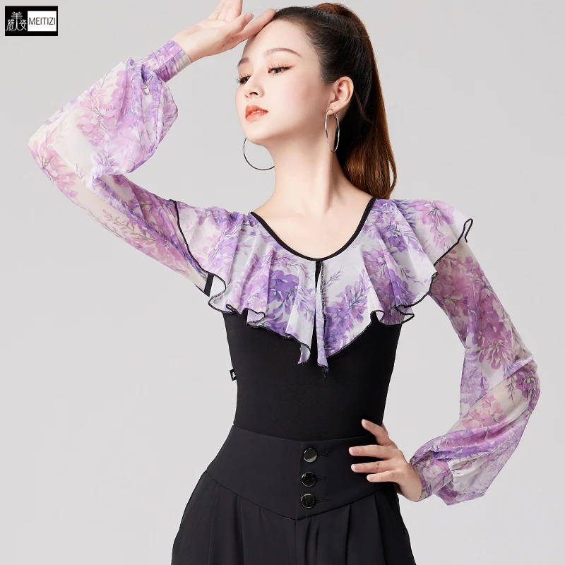 拉丁舞练功上衣女成人秋季新款跳摩登舞蹈连体衣服长袖广场舞服装
