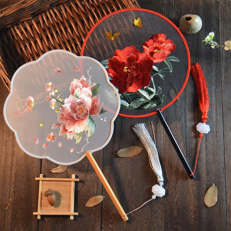 新疆包邮【小扬哥推荐】双面绣古风圆扇刺绣团扇八瓣牡丹仙子荷花