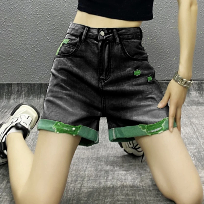 显瘦百搭2025年夏季新款高腰牛仔短裤女宽松卷边破洞a字阔腿热裤